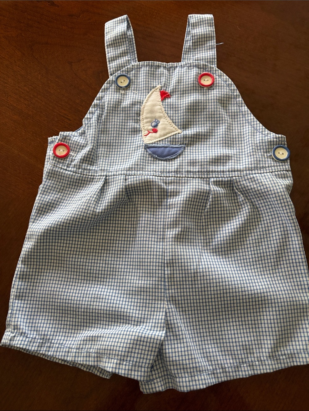 Carter's Blue Gingham Shortalls with Sailboat Patch